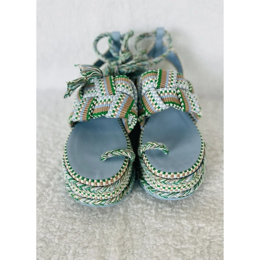 Anthropologie Amambaih Women Manuela Green Blue Strappy Wedge Sandals Sz 38/7 US